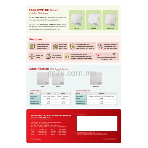 EASI SWITCH ACSON  AS011  1 GANG 1 WAY 16AX 250V